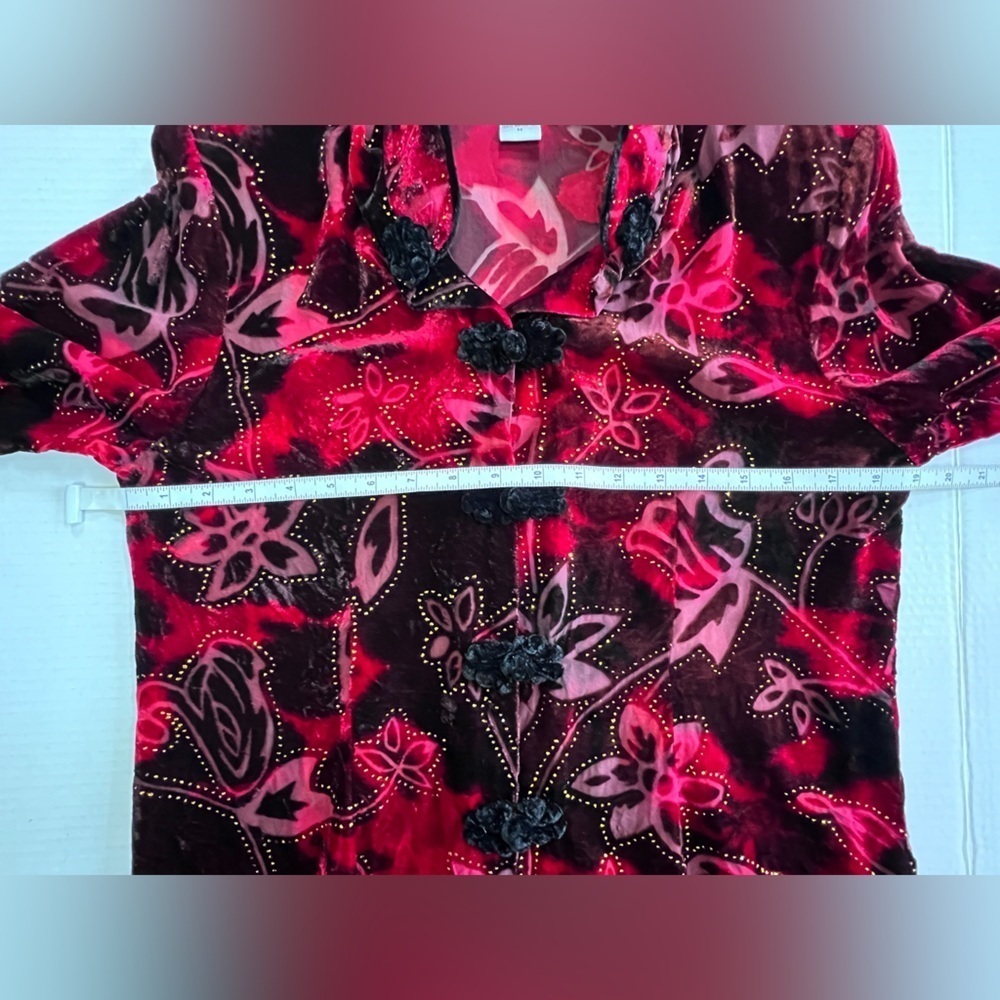 ARIA A Medium Fall Color Velvet Burnout Silk Blend Asian Kimono Top Frog Closure - Picture 4 of 12